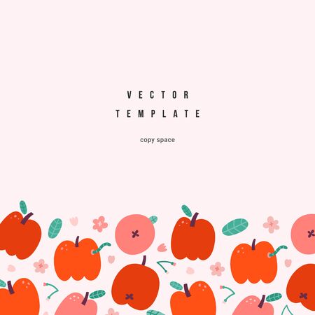Apple template with fruits illustration, blank card or invitation template, simple hand drawn illustration of garden red apples, modern design, good as menu cover or banner designのイラスト素材