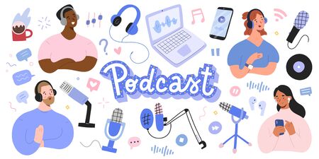 Podcast collection, podcasters and listeners, various microphones and headset, home studio equipment for recording selfmade podcast show, isolated vector illustrations, cartoon charactersのイラスト素材