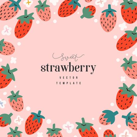 Hand drawn strawberry frame template, circle border with copyspace for text, vector composition with cute doodle red berries on pink background, modern design, good as banner or cardのイラスト素材