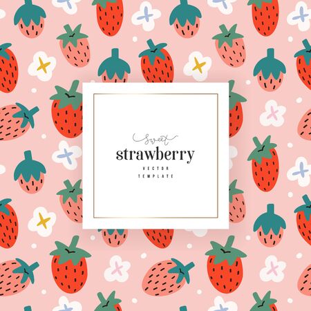 Strawberry template for package design with space for logo or text, trendy vector hand drawn illustration of summer red berries with white flowers, good for tea or dessert packagingのイラスト素材