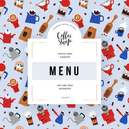 Coffee shop menu design, vector frame template with coffee drinks illustrations for restaurant menu cover, design with logo and copy space for text, trendy hand drawn doodle art,のイラスト素材