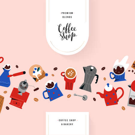 Coffee shop menu cover template with lettering, modern design with hand drawn doodle illustrations, restaurant or cafe menu, drawings of coffee mugs and cups, barista utensilsのイラスト素材