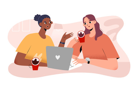 Young woman working together in cafe with laptop drinking coffee, discussing their job, concept of teamwork and freelancers caucasian and african girls, vector illustration, cartoon charactersのイラスト素材