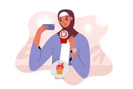 Arab girl in cafe taking a selfie with coffee mug, sitting at coffee shop table with dessert, female blogger taking photos, vector illustration, cartoon characterのイラスト素材