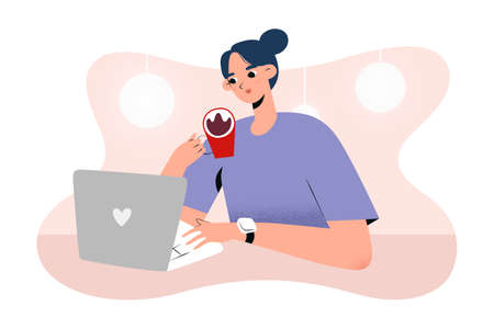 Young woman working in a cafe or coffee shop drinking coffee sitting at table and using her laptop, concept of freelance job, vector cartoon illustration, human characterのイラスト素材
