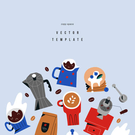 Coffee banner template with doodle illustrations of coffee objects, utensils, cartoon style, place for your  text, good as menu design, brochure, bannerのイラスト素材