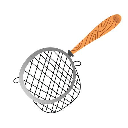Strainer Sieve, metal mesh vintage strainer for rinsing food, household utensil, isolated vector...