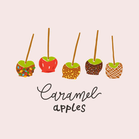 Caramel apples set, various taffy or toffee apples-on-a-stick decorated with various topping with caramel or red dipping, hand drawn modern illustration with letteringのイラスト素材