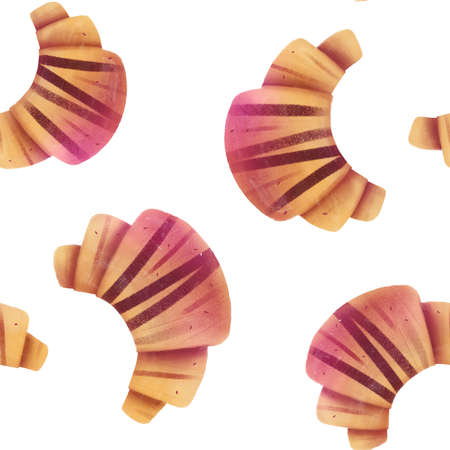 Croissant repeat pattern, hand drawn realistic illustration of flaky buttery pasty with textured effect, seamless background for bakeryの写真素材