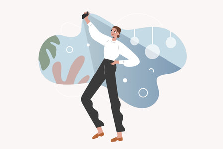 Young beautiful woman taking selfie on smartphone. Fashion girl in trendy outfil holding her smartpgone and making photos of herself and streaming vlog, vector illustrationのイラスト素材