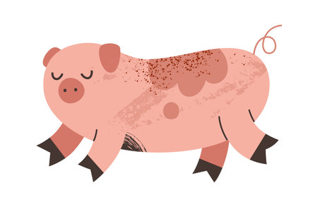 Cute pink pig with dirt spots goat illustration, farm animal drawing, vector clipart isolatedのイラスト素材