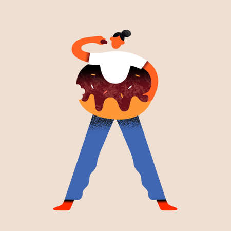 Woman with donut, tiny frmale character with huge donut with chocolate glaze and sprinkles, cartoon character holding and eating a donut.のイラスト素材