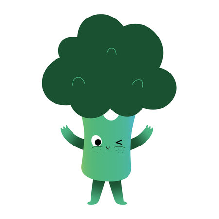 Cute broccoli character, green healthy eating for kids, cartoon vegetable creature with funny face expression, vector illustration isolated on whiteのイラスト素材