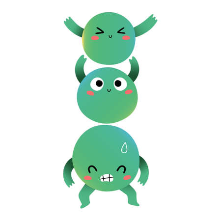 Cute green peas characters, sweet pea vegetable mascots, cartoon veggies with funny face expression, vector illustration isolatedのイラスト素材