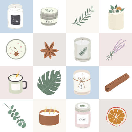 Poster with scented candles realistic illustrations, pop art mural with various soy candles, wall interior decoration for home or spa salonのイラスト素材