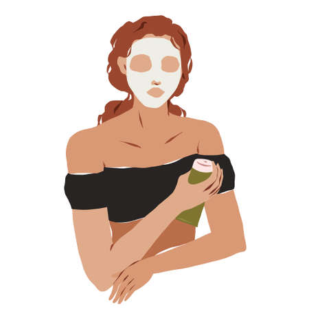 Woman with cosmetic mask oh her face, facial skin care ritual, young woman wearing organic cream moisturizing mask, flat vector illustration, abstract woman portrait, skincare treatmentのイラスト素材