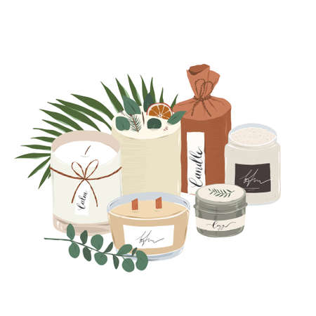 Various scented candles collection, perfumed natural wax soy candle in glass jar with wooden wick, composition decorated with tropical leaves, hand drawn vector illustrationのイラスト素材