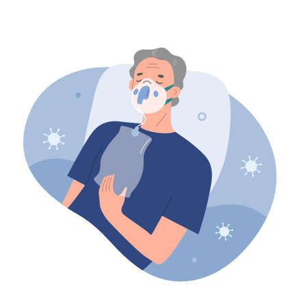 Patient getting oxygen therapy against virus hypoxemia, a senior woman suffering from low saturation wearing a disposable oxygen mask, vector cartoon illustration