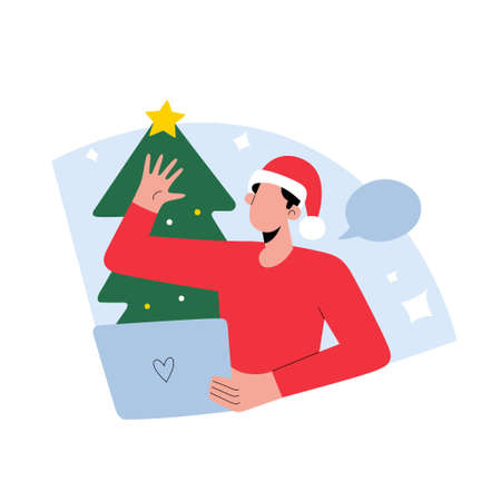 Christmas video call, young hat using laptop for virtual video conference celebrating New Year, distant chat with family, vector cartoon illustrationのイラスト素材