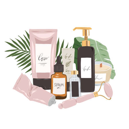 Skin care beauty products illustration, 3 step skincare routine, face serum, lotion and moisturizer, eye cream, cosmetic treatments arranged in composition, scented candleのイラスト素材