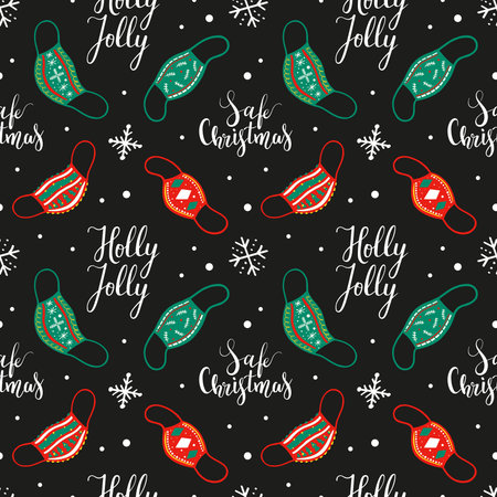 Covid Christmas, various face masks with Christmas ornaments, seamless pattern, wrapping paper...
