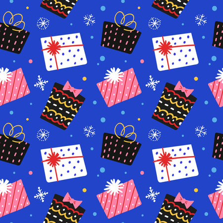 Christmas gifts pattern, gift boxes with ornaments, greeting or invitation card, hand drawn...