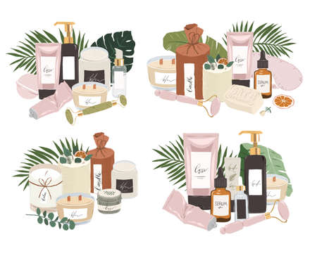 Various skincare treatments, 3 step skin care routine, beauty products, jade roller massager, vitamin serum, scented aromatic candles, self-care conceptのイラスト素材