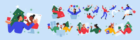 Social distancing on Christmas, people celebrating Christmas eve separated, making video calls, online party, wearing face masks, vector illustrationsのイラスト素材