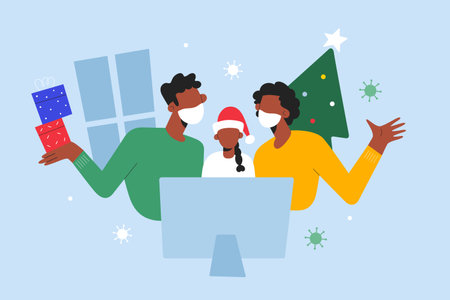 Family with daughter celebrating Christmas, covid lockdown, wearing face masks, making video call to friends virtually online, vector illustrationのイラスト素材