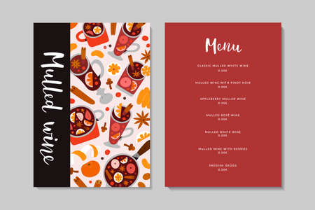 Mulled wine menu card template with price, hot spiced seasonal alcohol drinks, wine list, menu layout with illustrations, design conceptのイラスト素材
