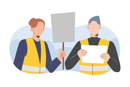 Volunteers welcome refugees, people volunteering meeting refugees standing, holding banners and...