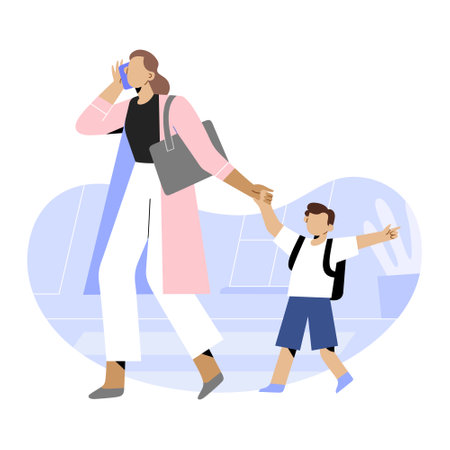 Businesswoman, mother walking child to school or kindergarden down the street, hurrying to work, office, combining career with parenting conceptのイラスト素材