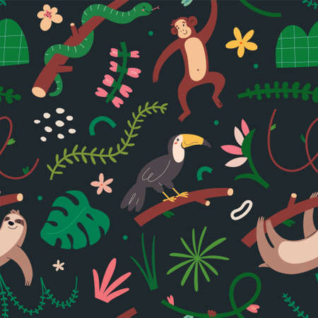 Jungle animals pattern, seamless ornament with cute leopard, sleeping wild jaguar, flying macaw parrot and crocodileのイラスト素材