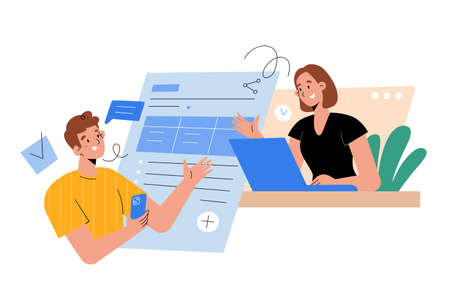 Colleagues or business partners working at the same shared document, editing using laptop and mobile app, discussing project via video conferenceのイラスト素材