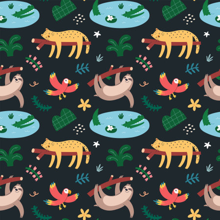 Jungle animals pattern, seamless ornament with cute leopard, sleeping wild jaguar, flying macaw parrot and crocodileのイラスト素材