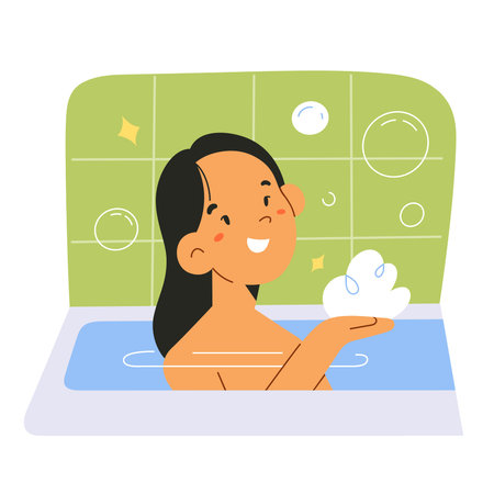 Small asian girl washes in bathtub with bubbles, child washes in the bathroom, bathing and smiling, childrens hygiene routines illustratedのイラスト素材