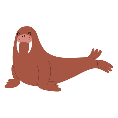 Cute walrus animals, funny northern seal with huge tusks, adorable arctic mammalのイラスト素材