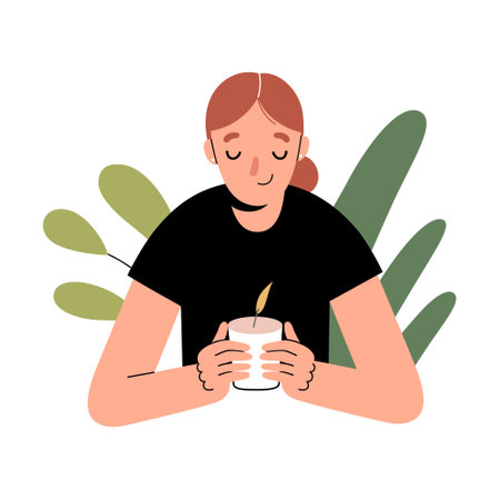 Relaxed smiling woman holding lighting candle, smelling perfumed candle, home aromatherapy. Flat vector illustrationのイラスト素材