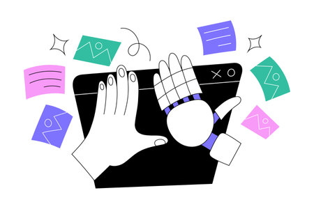 High five gesture, human hand giving five to a robot hand, artificial intelligence creating text, images, artworks for human, vector illustrationのイラスト素材