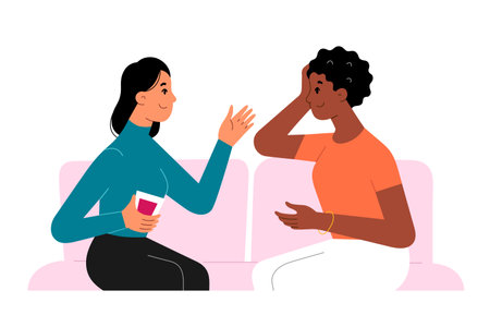Two women talk and drink sitting on a sofa, female friends have conversation sitting on a couch, flat vector illustrationのイラスト素材