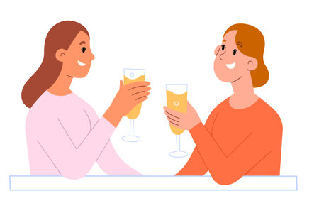 Two women drink champagne, hold glasses, female friends spend time together, celebrate, drink alcohol and talk, vector illustrationのイラスト素材