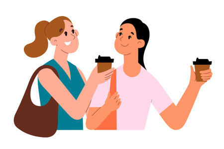 Two women walk and talk drinking coffee-to-go, girlfriends spend time together, flat vector illustrationのイラスト素材