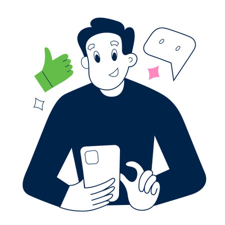 Customer leaves positive feedback, person writes a good review on social media using smartphone app, vector illustrationのイラスト素材