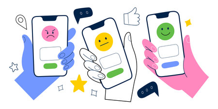 People leave positive, negative feedback, smartphone with rating scale on screen, good, bad and excellent rate, vector illustrationsのイラスト素材