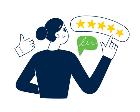 Customer gives 5 star rating, female client scores 5 stars points, woman leaves positive feedback, vector illustrationのイラスト素材