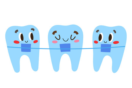 Cute smiling teeth with metal braces, orthodontic treatment for children, cute cartoon characters with facial expressions, flat vector illustrationのイラスト素材