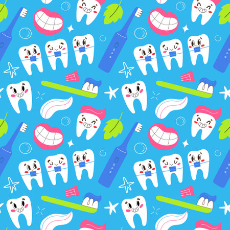 Children dentistry, cute teeth with face, seamless pattern, tooth brush, toothpaste and oral hygiene products, vector tile, funny cartoon charactersのイラスト素材