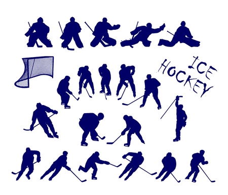 Scalable  silhouettes of 15 ice hockey players and 5 goalkeepers.のイラスト素材