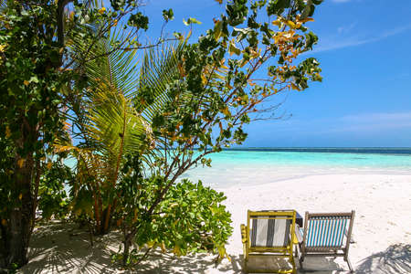 Enjoy the relaxing atmosphere of an island in the maldives with blue skies, palmtrees and beach chairs facing the blue ocean.の写真素材