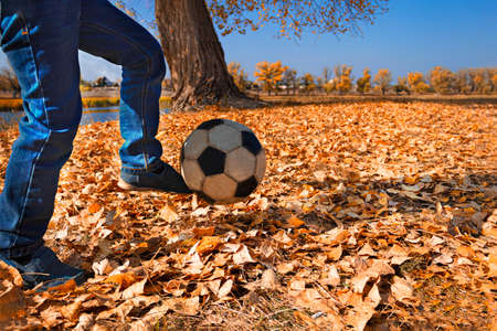 Children's foot hits the soccer ball lying in the autumn foliage. Selective soft focus. Bokeh.の写真素材